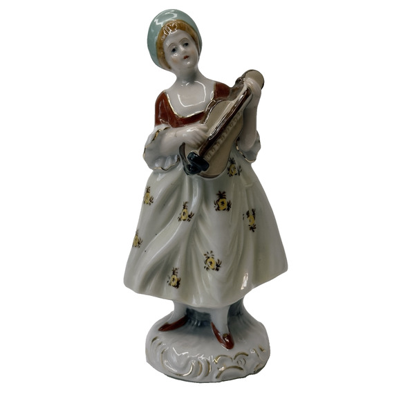 Occupied Japan Figurine 18th Century Lady w/Mandolin Hand Painted 1945-1952 VTG - Picture 1 of 10